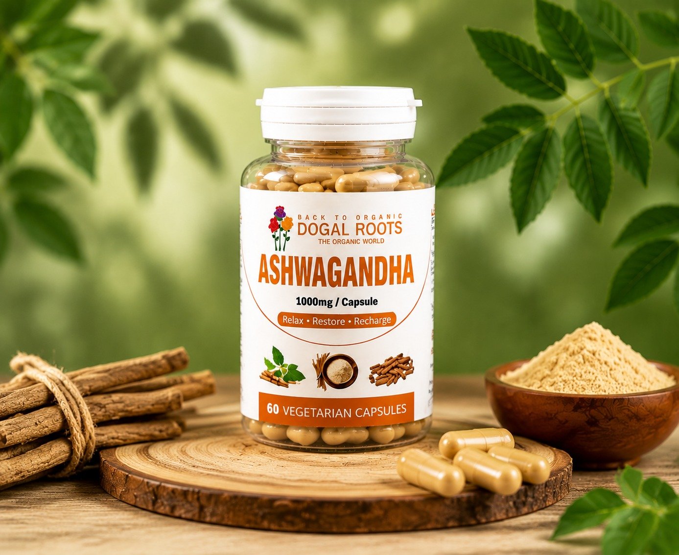 Dogal Roots Ashwagandha Capsules - Wooden Display with Roots