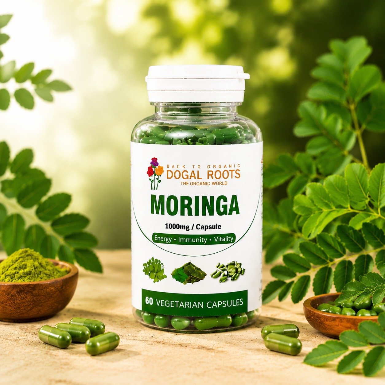 Dogal Roots Moringa Capsules - Stone Display with Fresh Leaves
