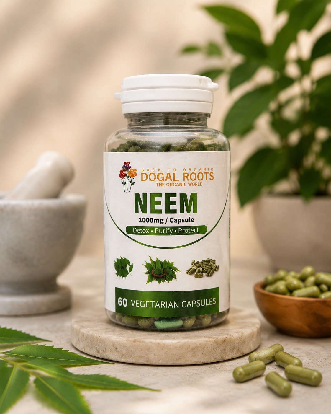 Dogal Roots Neem Capsules - Organic Wooden Display